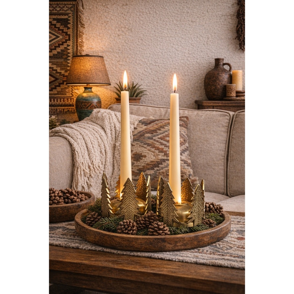 Vtg Round Brass Candle Holder Pine Trees Hand Made India 6" x 4.5"